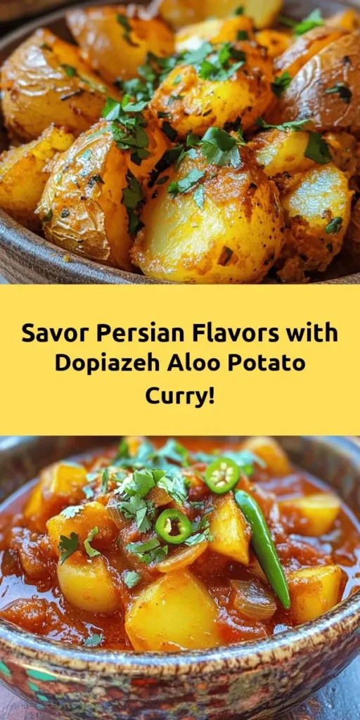 Discover the comforting flavors of Dopiazeh Aloo, a delightful Persian potato curry that’s easy to make! This recipe features tender potatoes simmered in a fragrant blend of spices, caramelized onions, and rich tomato puree. Ready in just 45 minutes, it’s perfect for a weeknight dinner. Serve it hot with steamed basmati rice or Persian bread for an unforgettable meal. Garnish with fresh cilantro for a burst of color and flavor!