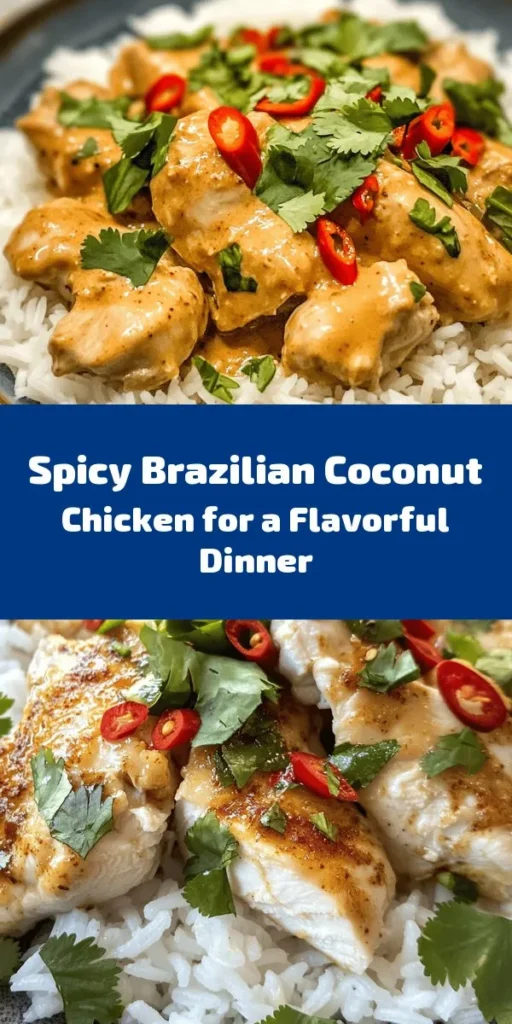 Discover the bold flavors of Spicy Brazilian Coconut Chicken! This easy-to-follow recipe features tender chicken thighs marinated in creamy coconut milk and a delightful mix of spices. Sauté with aromatic onion, garlic, and fresh chili for a kick of heat, then simmer to perfection. Serve it over fluffy jasmine rice and garnish with fresh cilantro for a vibrant touch. Perfect for a cozy weeknight dinner or when you want to impress guests! Enjoy the taste of Brazil at home.
