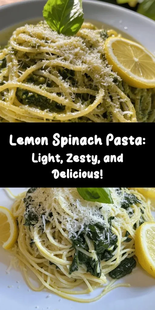 Experience a burst of flavor with this Zesty Lemon Spinach Pasta! This quick and easy dish features perfectly cooked spaghetti or fettuccine tossed with fresh spinach, zesty lemon juice, and fragrant garlic, finished with a sprinkle of Parmesan cheese. Ready in just 20 minutes, it’s perfect for a weeknight dinner or a refreshing meal. Don’t forget to garnish with fresh basil and lemon slices for that extra touch of brightness! Enjoy this delightful pasta dish today!