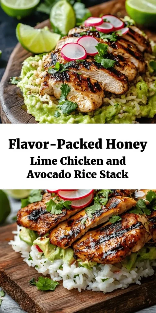Dive into the deliciousness of Honey Lime Chicken & Avocado Rice Stack! This vibrant dish features juicy marinated chicken grilled to perfection, served over creamy avocado rice infused with fresh lime and cilantro. Easy to make and visually stunning, it's perfect for a family dinner or special occasion. Garnish with radish slices and lime wedges for a fresh pop. Whip it up in about an hour and treat your taste buds to a burst of flavor!