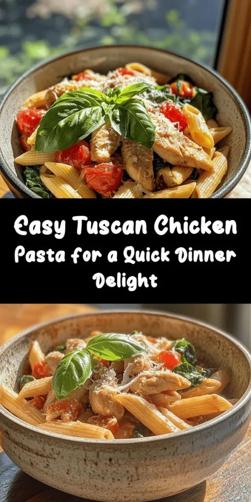 Try this Easy Tuscan Chicken Pasta for a delightful Italian dinner that comes together in just 40 minutes! Perfectly cooked penne or farfalle is tossed with tender chicken, fresh spinach, and a creamy tomato sauce. With the flavors of garlic, Parmesan, and Italian seasoning, this dish is a comforting favorite for any occasion. Garnish with fresh basil for a burst of flavor. Give it a go and impress your family and friends!