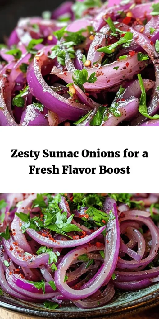 Discover a burst of flavor with these Zesty Sumac Onions! This simple recipe features thinly sliced red onions marinated in a tangy dressing made with sumac, olive oil, lemon juice, and a touch of honey. Perfect as a vibrant side dish or a delicious topping for grilled meats and sandwiches, these onions come together quickly and get better with time. With just a handful of ingredients, you'll create a refreshing addition to any meal. Enjoy the deliciousness!