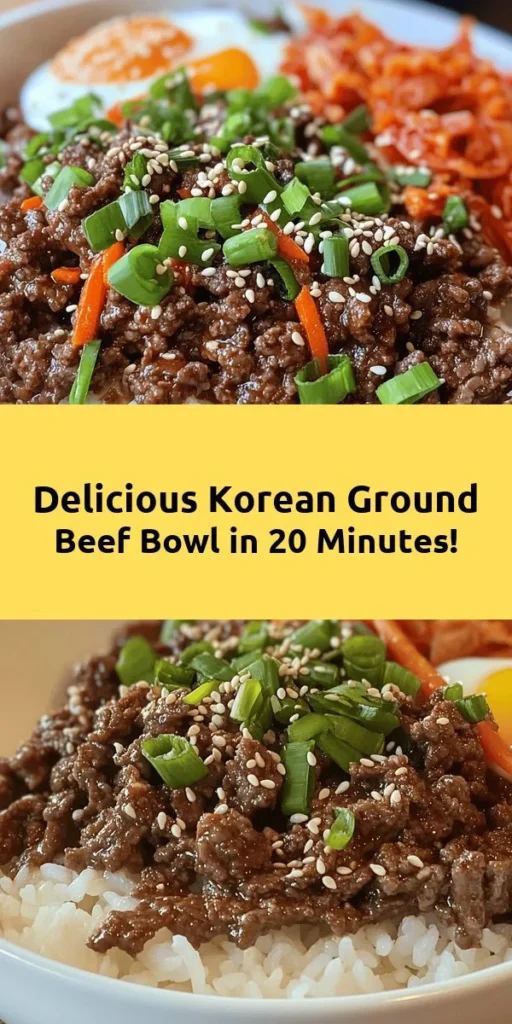 Looking for a quick and delicious weeknight dinner? Try this Korean Ground Beef Bowl! It's packed with flavor, featuring tender ground beef tossed in a savory sauce made with soy sauce, sesame oil, and a hint of sweetness. Toss in colorful veggies like green onions and shredded carrots, all served over your choice of rice. Optional toppings like a fried egg and kimchi add extra deliciousness. Ready in just 20 minutes, it's a meal the whole family will love!