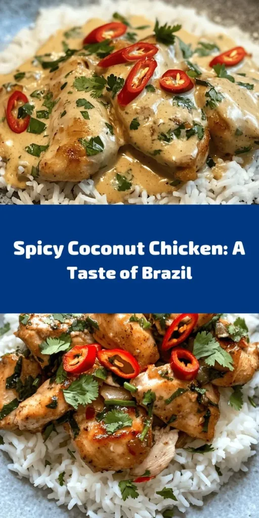 Dive into the vibrant flavors of Brazil with this Spicy Brazilian Coconut Chicken recipe! This dish features tender chicken thighs marinated in rich coconut milk, brightened with fresh lime juice and perfectly spiced with paprika, cumin, and chilies. Sautéed with aromatic onions and garlic, it's a hearty meal that's both comforting and exciting. Serve it over fluffy jasmine rice and garnish with fresh cilantro for a delicious dinner that brings the taste of the tropics to your table. Perfect for any occasion!