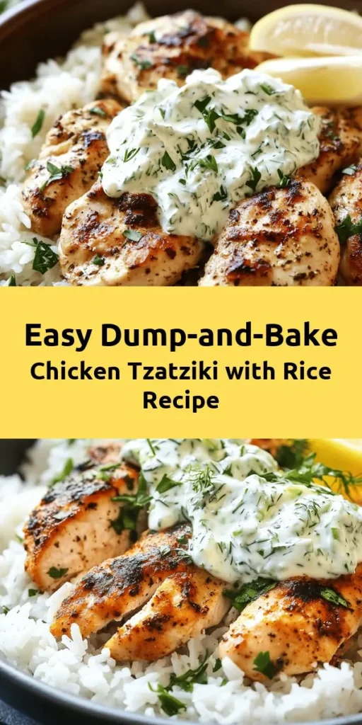 Discover the ease of this Dump-and-Bake Chicken Tzatziki recipe! With just a few simple ingredients, you'll enjoy juicy chicken, fluffy basmati rice, and a refreshing tzatziki sauce made with Greek yogurt and fresh cucumber. Perfect for busy weeknights, this one-pan dish is ready in under an hour. Just season, mix, bake, and indulge! Serve warm, and let everyone customize their plate with delicious flavors. A family favorite in no time!