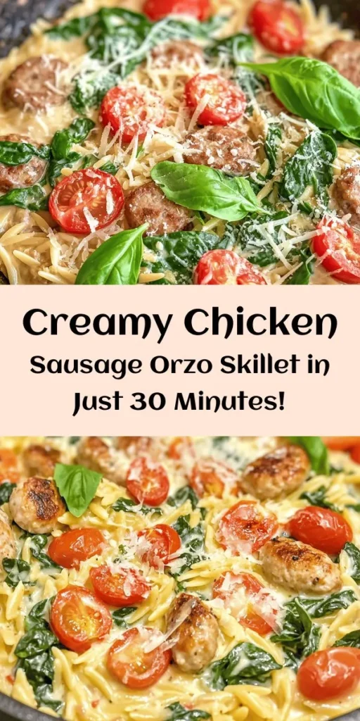 Indulge in this creamy chicken sausage orzo skillet that's perfect for a quick and satisfying dinner! This one-pan recipe combines savory chicken sausage, fluffy orzo pasta, and fresh spinach with a rich cream sauce, making it a family favorite. Ready in just 30 minutes, it's not only simple to prepare but also packed with flavor. Don’t forget to garnish with grated Parmesan and fresh basil for the perfect finishing touch. Enjoy!