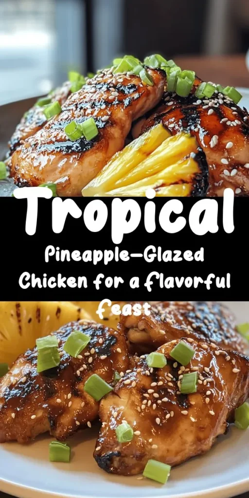 Bring a taste of the tropics to your dinner table with this delicious Tropical Pineapple-Glazed Chicken recipe! Juicy chicken breasts are marinated in a mouthwatering blend of pineapple juice, soy sauce, honey, and spices, then grilled to perfection. The sweet and tangy glaze adds a burst of flavor, while optional grilled pineapple slices make for a delightful side. Perfect for summer barbecues or a fun family meal, this dish is easy to make and will impress your guests. Enjoy garnished with fresh green onions and sesame seeds for the ultimate tropical experience!