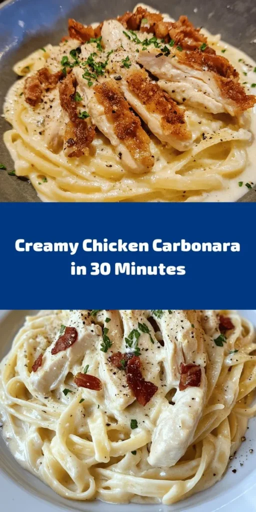 Indulge in the best-ever Chicken Carbonara that brings comfort food to a whole new level! This creamy pasta dish features tender chicken and crispy pancetta, perfectly tossed with fettuccine or spaghetti. With just a few simple ingredients, including eggs and Pecorino Romano cheese, you'll create a luscious sauce that clings to every bite. Ready in just 30 minutes, it’s an easy weeknight dinner that everyone will love. Don't forget to garnish with fresh parsley and cracked black pepper for that extra touch!