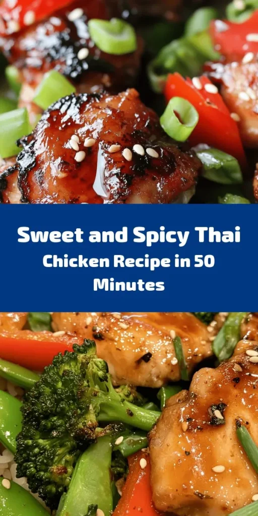 This Sweet and Spicy Thai Chicken recipe is a perfect blend of flavors that will spice up your dinner routine! Marinated chicken thighs are sautéed to perfection and combined with colorful veggies like bell peppers, broccoli, and snap peas for a healthy twist. Drizzled with a zesty sauce made from soy sauce, honey, and sriracha, this dish is a great quick meal served over jasmine rice. Garnish with green onions and sesame seeds for that finishing touch! Enjoy a flavor-packed dinner in just about 50 minutes!