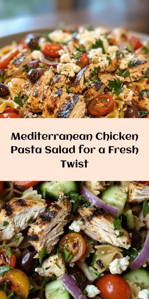 Brighten up your meal with this delicious Mediterranean Chicken Pasta Salad! Packed with grilled chicken, fresh veggies, and feta cheese, this dish is bursting with flavor. It's easy to make and perfect for meal prep or summer gatherings. Simply combine cooked farfalle pasta with cherry tomatoes, cucumbers, Kalamata olives, and a zesty olive oil dressing. Chill it for a bit, and you have a refreshing dish that's sure to impress. Enjoy it solo or as a side!