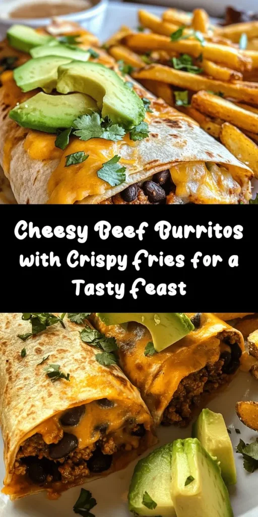 Indulge in these mouthwatering Cheesy Beef Burritos paired with crispy fries! Made with seasoned ground beef, a mix of cheddar and Monterey Jack cheese, black beans, and savory rice all wrapped in a warm tortilla. They get a golden, crispy finish when grilled. Serve with homemade fries seasoned to perfection and garnish with fresh avocado and cilantro. Perfect for a fun family meal or a delicious party treat! Try this recipe for a satisfying bite!