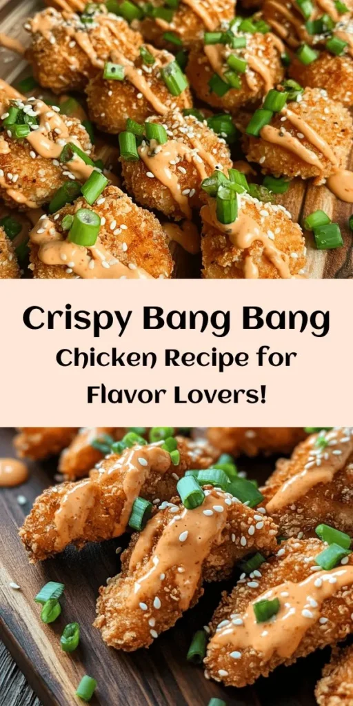 Indulge in this crispy Bang Bang Chicken that's bursting with flavor! Tender chicken bites are marinated in buttermilk, then coated in a spicy seasoned flour mixture and fried to golden perfection. Tossed in a creamy Bang Bang sauce made with mayonnaise, sweet chili, and a touch of sriracha, this dish is perfect as an appetizer or a main course. Garnish with green onions and sesame seeds for that extra flair. A delicious crowd-pleaser guaranteed!