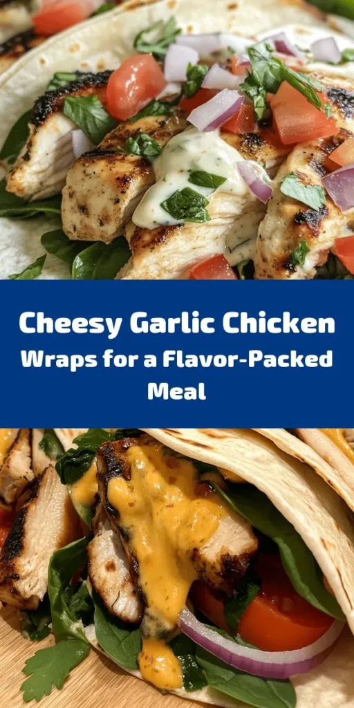 Satisfy your cravings with these Cheesy Garlic Chicken Wraps! Packed with tender chicken, creamy cheeses, and fresh veggies, these wraps are a delicious blend of flavors. In just 30 minutes, you can have a hearty meal that everyone will love. Perfect for lunch or a quick dinner, these wraps are easy to make and even easier to enjoy. Serve them with your favorite dipping sauce for an extra kick. Try this recipe and elevate your wrap game today!