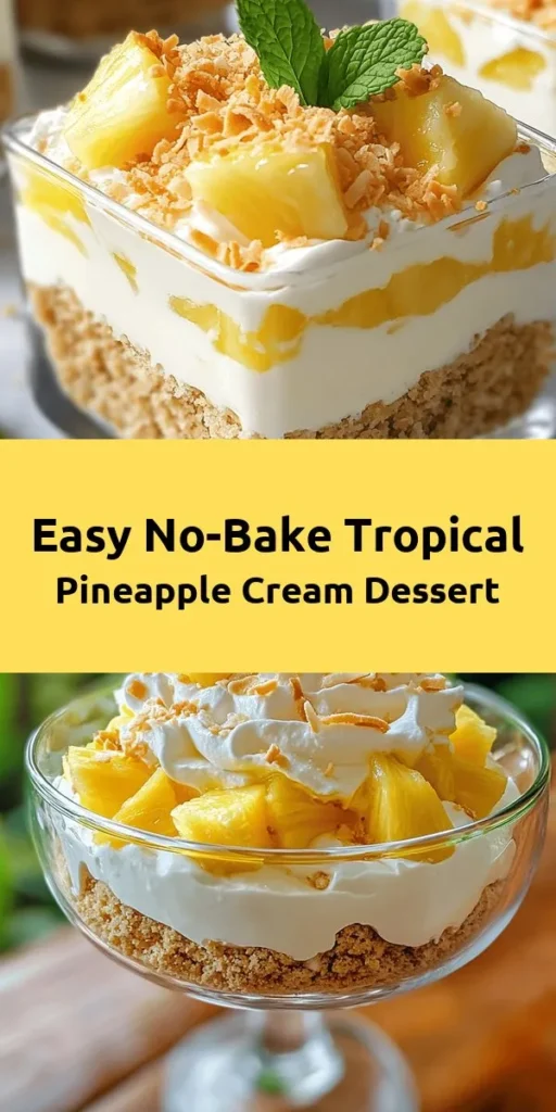 Indulge in a slice of tropical bliss with this no-bake Pineapple Cream Dessert! This creamy and refreshing treat combines luscious cream cheese, sweet crushed pineapple, and airy whipped cream, layered with crunchy graham crackers. Each bite is a delightful blend of flavors, perfect for summer gatherings or any occasion. Chill it overnight for the best taste, then garnish with toasted coconut and fresh pineapple. Your taste buds will thank you!🍍🍦