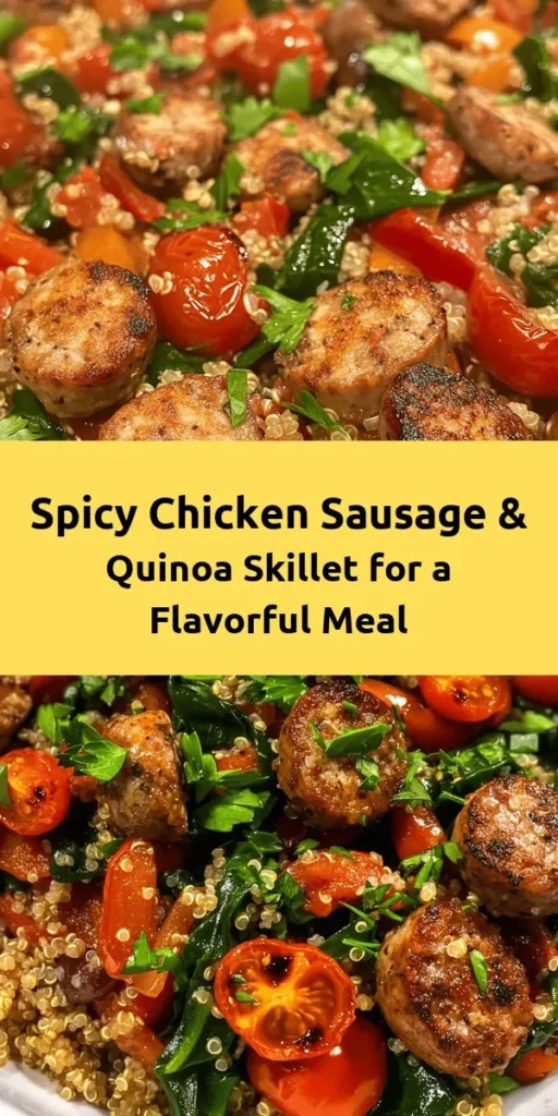Discover the vibrant flavors of Spicy Chicken Sausage & Quinoa Skillet! This one-pan dish is not only easy to make but packed with protein and veggies. Sauté spicy chicken sausage with colorful bell peppers, aromatic garlic, and nutritious spinach, all mixed with fluffy quinoa and black beans. It’s a quick meal ready in just 35 minutes, perfect for busy weeknights. Garnish with fresh herbs for an extra pop. Enjoy a tasty and healthy dinner tonight!
