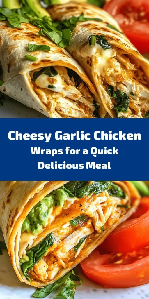 Indulge in these Cheesy Garlic Chicken Wraps that are quick to make and bursting with flavor! Perfect for lunch or a light dinner, this recipe combines shredded chicken, gooey mozzarella, and tangy cream cheese, all infused with garlic and Italian herbs. Wrapped in a warm tortilla with fresh spinach, these wraps are not only delicious but also easy to customize with your favorite toppings like tomatoes and avocado. A satisfying meal in just 25 minutes!