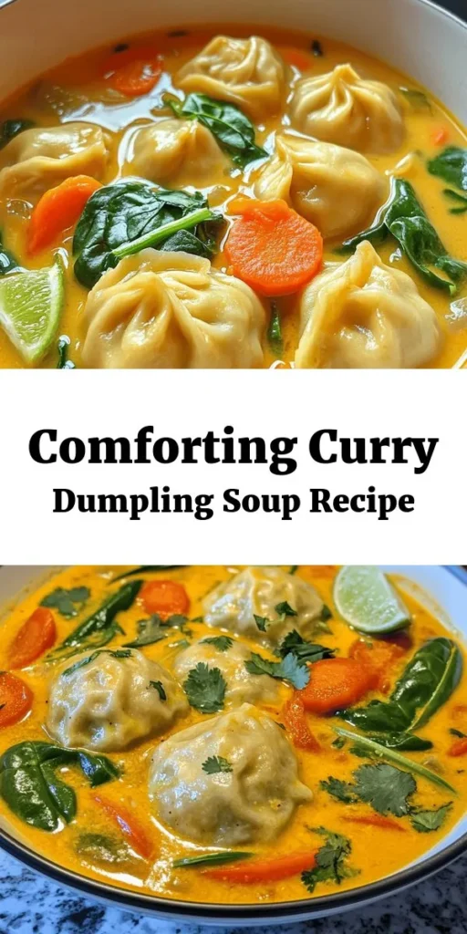 Warm up with this delicious Soul-Warming Curry Dumpling Soup! Packed with flavor from curry and turmeric, it's not just hearty but also creamy thanks to coconut milk. Homemade dumplings add a comforting twist to this vibrant vegetable broth. With fresh spinach, carrots, and bell peppers, every spoonful is cozy and nourishing. Perfect for a chilly day, this recipe serves four and can be ready in an hour. Don't forget to garnish with cilantro and a squeeze of lime for that extra zing!