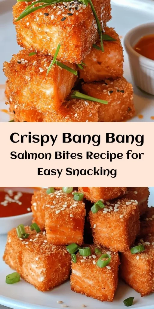 Treat yourself to these irresistible Crispy Bang Bang Salmon Bites! Made with fresh salmon, coated in crunchy panko breadcrumbs, and fried to perfection, these bites are sure to be a hit at any gathering. Pair them with a creamy homemade bang bang sauce featuring sweet chili, sriracha, and lime for a flavorful kick. Quick to prepare and packed with flavor, they make a great appetizer or snack. Dive into this delicious recipe today!