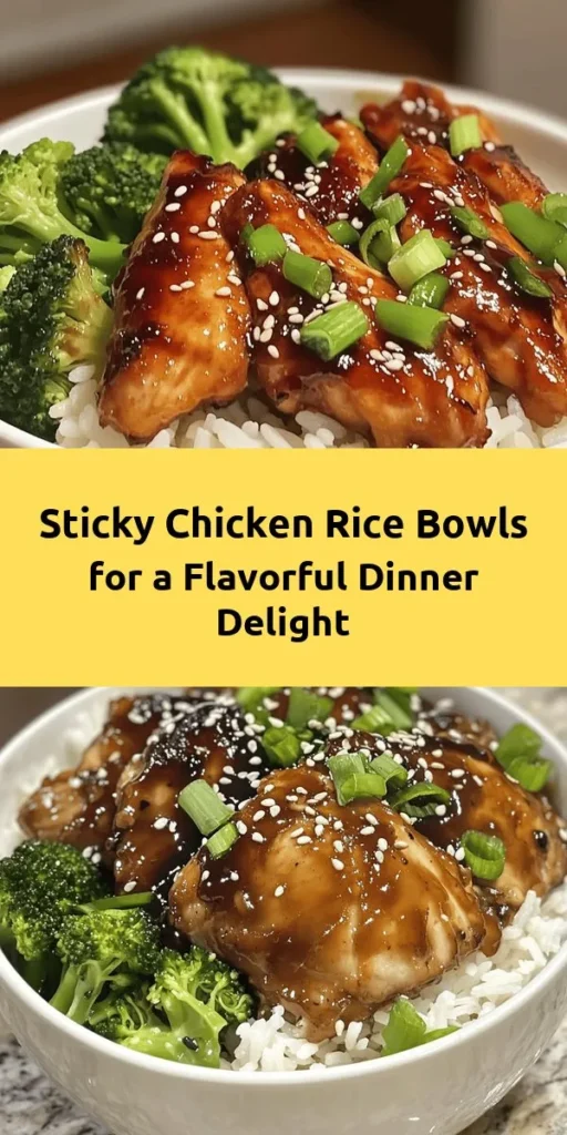 Create a delicious dinner with these Sticky Chicken Rice Bowls! This easy recipe features marinated, golden-brown chicken thighs served over fluffy jasmine rice with a sweet and savory sticky sauce. Ready in just about an hour, it’s perfect for a weeknight meal. Finish off with fresh green onions and sesame seeds for a tasty garnish, and add steamed broccoli or snap peas for a colorful touch. Dive into this comforting dish that’s sure to impress!