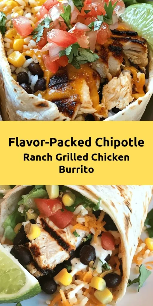 Elevate your mealtime with this easy Chipotle Ranch Grilled Chicken Burrito! Packed with flavor, these burritos feature marinated grilled chicken, a mix of cooked rice, black beans, corn, and fresh veggies, all wrapped in a warm tortilla. Perfect for a quick lunch or a satisfying dinner, they are sure to impress family and friends. Serve with a squeeze of lime for extra zing and enjoy a delicious homemade feast in no time!