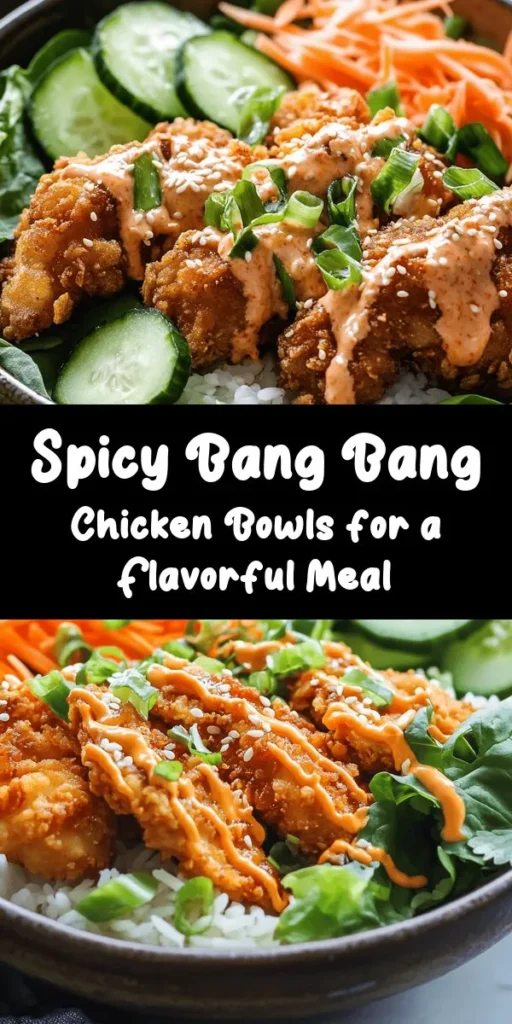 Discover the mouthwatering Bang Bang Chicken Bowls! This recipe features crispy fried chicken thighs tossed in a flavorful cornstarch coating, served on a bed of fluffy jasmine rice, and topped with fresh greens, carrots, and cucumber. The secret is the creamy Bang Bang sauce, blending mayo, sweet chili sauce, and sriracha for a delightful kick. Perfect for a quick weeknight meal that packs a punch and is sure to impress!