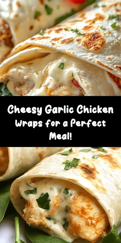 Indulge in these Cheesy Garlic Chicken Wraps for a quick and delicious meal! Crafted with shredded chicken, creamy cheeses, and a hint of garlic, these wraps are the perfect balance of flavor and comfort. Simply fill, wrap, and cook until golden brown and crispy. Ready in just 30 minutes, they're ideal for busy weeknights or a tasty lunch. Don’t forget to serve with your favorite hot sauce or salsa for an extra kick! Enjoy this cheesy goodness!