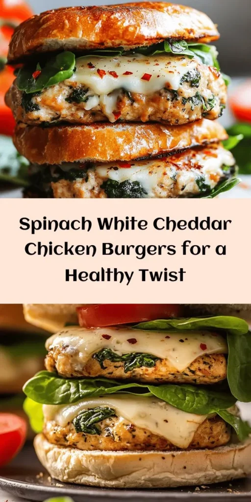 Try these delicious White Cheddar and Spinach Chicken Burgers for a healthy twist on a classic favorite! Made with ground chicken, fresh spinach, and creamy white cheddar, these juicy burgers are not only flavorful but also packed with nutrients. Perfectly grilled and served on whole wheat buns with fresh lettuce and tomato, they make a great addition to your weeknight dinner lineup. Enjoy them with sweet potato fries or a green salad for a complete meal. Quick to prepare and sure to impress!