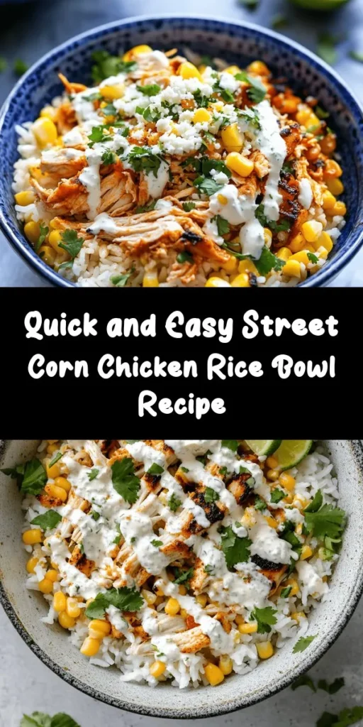 Whip up this Easy Street Corn Chicken Rice Bowl in just 10 minutes! With layers of fluffy jasmine rice, shredded rotisserie chicken, sweet corn, and a creamy lime sauce, this dish is bursting with flavor. Topped with crumbled Cotija cheese and fresh cilantro, it’s the perfect weeknight meal or a satisfying lunch option. Simple, delicious, and customizable, you can make it your own by adding your favorite toppings! Enjoy a taste of summer anytime.
