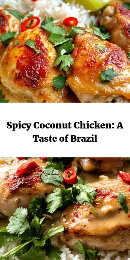 Experience a taste of Brazil with this Spicy Brazilian Coconut Chicken! This dish combines succulent chicken thighs cooked in a creamy coconut milk sauce with aromatic spices and a kick of heat from red chilies. Perfect for a cozy dinner, it’s easy to make and pairs beautifully with jasmine rice. Marinate your chicken, sauté fresh ingredients, and let the flavors meld together for a mouthwatering meal. Garnish with cilantro for a burst of freshness!