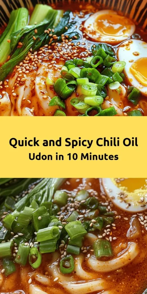 Elevate your weeknight dinners with these 10-minute chili oil udon noodles! This easy recipe combines savory udon noodles with a spicy chili oil sauce, garlic, and ginger for a quick and flavorful meal. Toss in fresh green onions and toasted sesame seeds for an extra crunch. Feel free to customize with toppings like bok choy or a soft-boiled egg. Perfect for when you're short on time but craving something delicious!