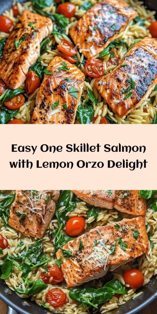Prepare a flavorful and healthy meal with this One Skillet Salmon with Lemon Orzo recipe! In just 25 minutes, you'll enjoy perfectly cooked salmon paired with zesty lemon orzo, vibrant spinach, and juicy cherry tomatoes. This easy-to-follow recipe is perfect for busy weeknights and requires only one skillet for minimal cleanup. Garnish with fresh parsley and optional Parmesan for an extra touch. Get ready to impress your taste buds with this delightful dish!