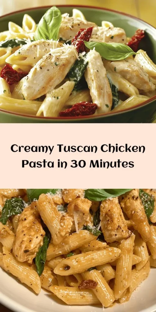 Indulge in the flavors of Italy with this Tuscan Chicken Pasta Delight! This creamy dish combines tender chicken, sun-dried tomatoes, and fresh spinach, all tossed with your choice of penne or fettuccine pasta. Cooked in a luscious sauce of heavy cream and chicken broth, it's a perfect blend of savory and comforting. Ready in just 30 minutes, this recipe serves four and is sure to impress family and friends. Perfect for a weeknight dinner or special occasion!