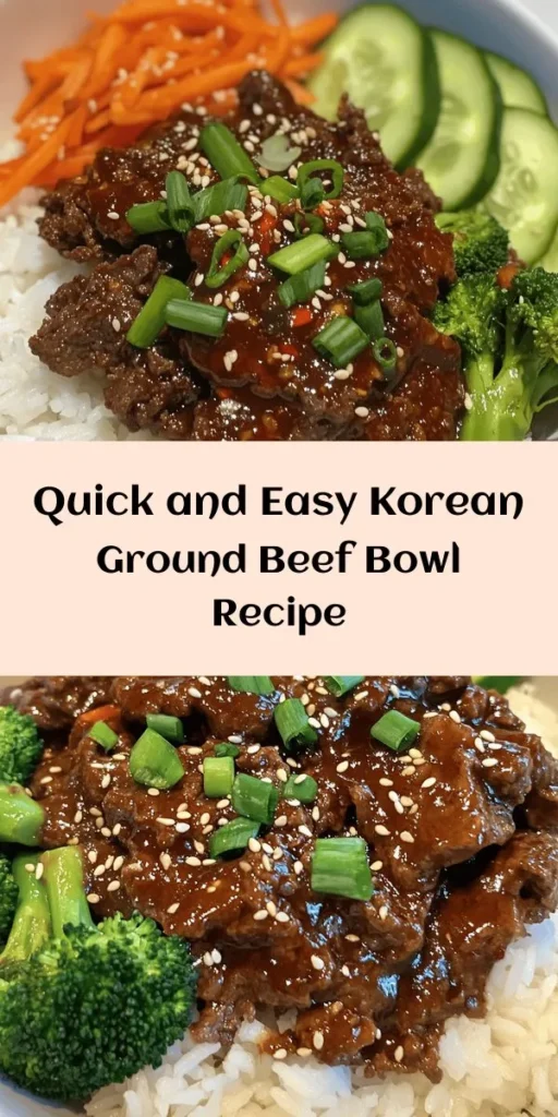 Savor the flavors of Korea with this delicious Ground Beef Bowl! This easy recipe combines savory ground beef cooked in a spicy-sweet sauce with jasmine rice and colorful veggies like broccoli and carrots. Perfect for a quick weeknight dinner, it’s ready in just 30 minutes and serves four. Top it off with green onions and sesame seeds for an extra burst of flavor. Optional cucumbers and kimchi add a refreshing twist! Enjoy this tasty, protein-packed meal.