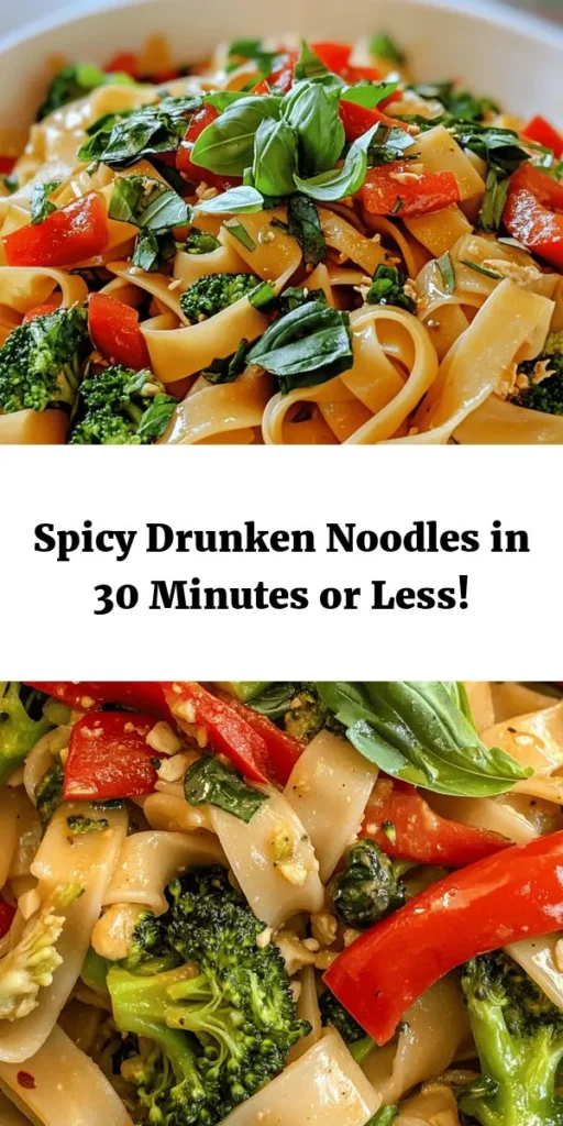 Spice up your dinner with this delicious Spicy Drunken Noodles Delight! This easy 30-minute recipe features wide rice noodles, fresh vegetables, and your choice of chicken or tofu, all tossed in a flavorful sauce. With the perfect balance of heat from bird's eye chilies and the aromatic kick of garlic and Thai basil, it's a dish you'll love to make again and again. Perfect for a weeknight meal or impressing guests. Try it tonight!