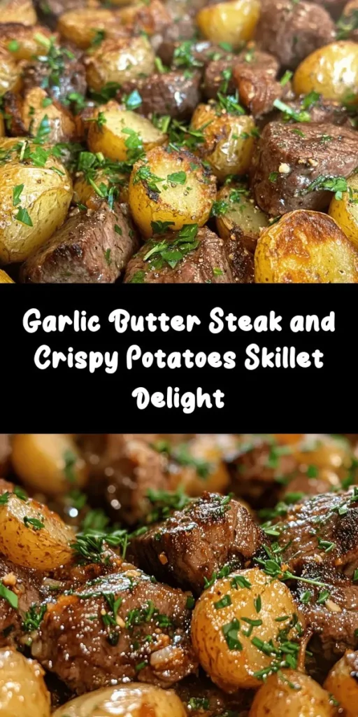 Discover the mouthwatering delight of Sizzling Garlic Butter Steak & Potatoes Skillet! This easy recipe features tender sirloin steak tossed with crispy baby potatoes, all infused with aromatic garlic and fresh herbs. Perfect for a weeknight dinner, it takes just 40 minutes to bring this savory dish to your table. Enjoy every bite of this satisfying meal, finished with a sprinkle of fresh parsley for added flavor. Perfect for steak lovers!
