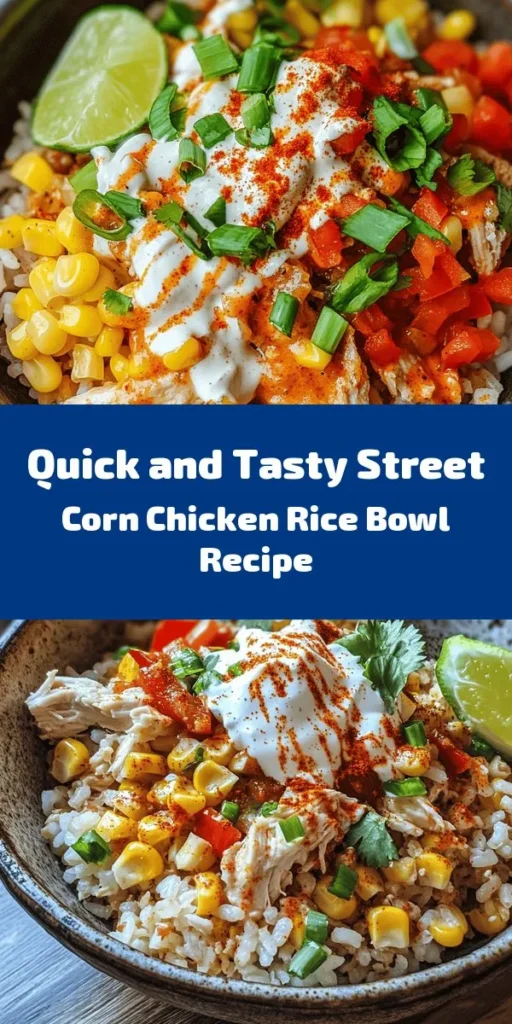 Looking for a quick and delicious meal? Try this Easy Street Corn Chicken Rice Bowl! Featuring a delightful mix of cooked rice, flavorful corn, tender shredded chicken, and fresh veggies, this dish is both satisfying and simple to make. With just a squeeze of lime and a sprinkle of chili powder, you'll have an explosion of flavors in every bite. Top it off with avocado and a dollop of sour cream for extra creamy goodness. Perfect for a busy weeknight!