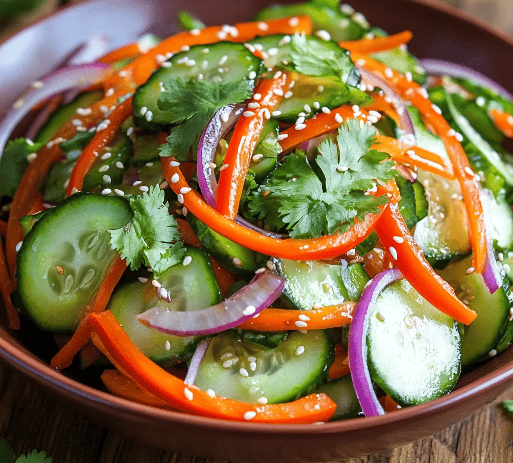 At the heart of our Crunchy Asian Cucumber Salad are, unsurprisingly, cucumbers. Known for their refreshing crunch and high water content, cucumbers play a crucial role in keeping the dish light and hydrating. They are not only refreshing but also low in calories, making them an excellent addition to any meal. When choosing cucumbers for this salad, opt for English cucumbers or Persian cucumbers, as they have fewer seeds and a thinner skin, which enhances their crispness.