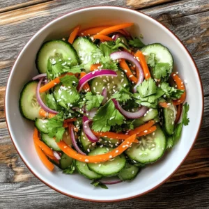 At the heart of our Crunchy Asian Cucumber Salad are, unsurprisingly, cucumbers. Known for their refreshing crunch and high water content, cucumbers play a crucial role in keeping the dish light and hydrating. They are not only refreshing but also low in calories, making them an excellent addition to any meal. When choosing cucumbers for this salad, opt for English cucumbers or Persian cucumbers, as they have fewer seeds and a thinner skin, which enhances their crispness.