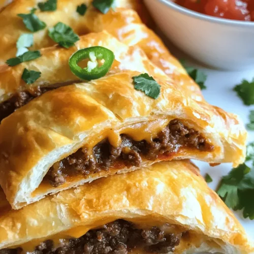 If you're on the hunt for a crowd-pleasing dish that combines convenience with deliciousness, look no further than Cheesy Taco Sticks. This delightful fusion of flavors and textures promises to elevate any gathering, whether it’s a lively game night, a casual family dinner, or a festive party. Picture this: a crispy, flaky exterior enveloping a savory filling of seasoned meat and gooey cheese, all with the unmistakable essence of tacos. With every bite, you’ll experience the comforting warmth of melted cheese paired with the zesty notes of taco seasoning — a combination that is simply irresistible.