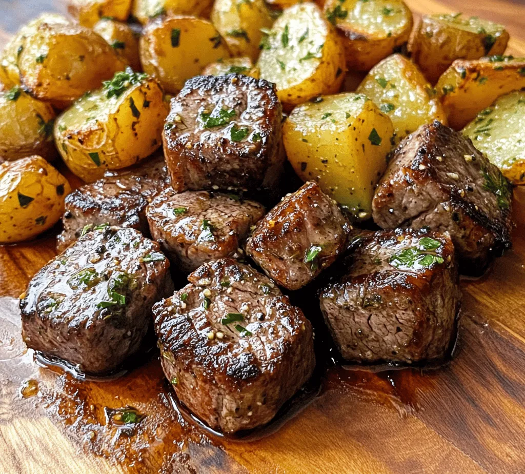 Are you ready to elevate your dinner game with a dish that boasts bold flavors and irresistible aromas? Look no further than <strong>Sizzling Butter Steak Bites with Garlic Herb Potatoes</strong>. This dish is not only visually appealing but also incredibly satisfying, combining tender steak bites, rich butter, and perfectly seasoned potatoes into a single mouthwatering meal that will leave everyone craving more.” /></p>
</p>
<h3>Importance of Using the Right Heat</h3>
</p>
<p>When preparing Sizzling Butter Steak Bites, the heat level is crucial for achieving the perfect sear while keeping the meat tender and juicy. A high heat is essential to create a delicious crust on the steak bites, locking in the flavors and juices. Use a heavy skillet, preferably cast iron, which retains heat well and distributes it evenly. Preheat your skillet for at least 5 minutes on medium-high heat before adding oil. Once the oil shimmers and begins to smoke slightly, the pan is ready for the steak.</p>
</p>
<h3>Timing for Desired Doneness</h3>
</p>
<p>The timing for cooking steak bites varies depending on the size of the pieces and your preferred level of doneness. For medium-rare, aim for about 3-4 minutes per side, while medium may take around 5 minutes. Always use a meat thermometer to ensure precision: 130°F (54°C) for medium-rare, and 140°F (60°C) for medium. After cooking, let the steak rest for at least 5 minutes before serving to allow the juices to redistribute, ensuring each bite remains moist and flavorful.</p>
</p>
<h3>Creating the Perfect Garlic Herb Potatoes</h3>
</p>
<p>Garlic Herb Potatoes make the perfect companion to Sizzling Butter Steak Bites, offering a delightful contrast in texture and flavor. The preparation process is straightforward, ensuring you achieve crispy, golden potatoes infused with aromatic herbs.</p>
</p>
<h4>Introduction to the Potato Preparation Process</h4>
</p>
<p>To create the best Garlic Herb Potatoes, selecting the right type of potato is essential. Baby potatoes work best due to their creamy texture and ability to roast evenly. Their skin is thin, allowing for a crispy exterior while keeping the inside soft and tender.</p>
</p>
<h4>Selecting the Right Potatoes: Why Baby Potatoes Work Best</h4>
</p>
<p>Baby potatoes, also known as new potatoes, are harvested before reaching maturity and have a naturally sweet flavor. Their smaller size allows them to cook quickly and evenly, making them perfect for roasting. When choosing your baby potatoes, look for those that are firm and free of blemishes or sprouts. This selection guarantees that your roasted potatoes will have the best flavor and texture.</p>
</p>
<h4>Detailed Preparation Steps</h4>
</p>
<p><strong>Prepping the Potatoes for Roasting</strong></p>
</p>
<p>1. <strong>Wash and Dry</strong>: Begin by thoroughly washing the baby potatoes under running water to remove any dirt. Pat them dry with a kitchen towel to ensure they roast properly without steaming.</p>
</p>
<p>2. <strong>Cutting</strong>: Depending on their size, you can either leave them whole or cut them in halves or quarters to ensure they cook evenly. Aim for uniform pieces to promote even roasting.</p>
</p>
<p><strong>Seasoning: Balancing Flavors with Herbs and Spices</strong></p>
</p>
<p>1. <strong>Basic Seasoning</strong>: In a large bowl, toss the cut potatoes with olive oil, ensuring they are well-coated. Aim for about 2 tablespoons of oil per pound of potatoes.</p>
</p>
<p>2. <strong>Herbs and Spices</strong>: Add minced garlic, dried thyme, and rosemary to the bowl. For an extra kick, consider adding a sprinkle of paprika or chili flakes. Season generously with salt and pepper to enhance the overall flavor.</p>
</p>
<p>3. <strong>Mix Well</strong>: Use your hands or a spatula to mix all the ingredients thoroughly, ensuring every potato piece is evenly coated in the seasoning.</p>
</p>
<p><strong>Baking Tips for Achieving Crispy Potatoes</strong></p>
</p>
<p>1. <strong>Preheat the Oven</strong>: Preheat your oven to 425°F (220°C). A high temperature is crucial for achieving that crispy texture.</p>
</p>
<p>2. <strong>Use a Baking Sheet</strong>: Spread the seasoned potatoes in a single layer on a baking sheet lined with parchment paper. Avoid overcrowding the pan, as this can cause the potatoes to steam rather than roast.</p>
</p>
<p>3. <strong>Roasting Time</strong>: Bake the potatoes for 25-30 minutes, flipping them halfway through for even browning. They should be golden and crispy on the outside and tender on the inside when done.</p>
</p>
<h3>Bringing It All Together</h3>
</p>
<p>Once your Sizzling Butter Steak Bites and Garlic Herb Potatoes are ready, it’s time to combine them for a delightful meal.</p>
</p>
<h4>Combining the Steak Bites with the Garlic Herb Potatoes</h4>
</p>
<p>To serve, place a generous portion of Garlic Herb Potatoes on each plate and top with a few Sizzling Butter Steak Bites. The buttery, savory flavors of the steak complement the garlic and herbs of the potatoes beautifully.</p>
</p>
<h4>Importance of Presentation: Plating Tips</h4>
</p>
<p>Presentation is key when it comes to serving your dish. Use a large white plate to make the colors pop. Arrange the steak bites in the center, scattering the potatoes around them for a visually appealing contrast. Drizzle any remaining garlic butter from the skillet over the steak for added flavor and a glossy finish.</p>
</p>
<h4>Enhancing Flavors with Garnishes</h4>
</p>
<p>To elevate your dish further, consider garnishing with fresh parsley or chives. A sprinkle of fresh herbs not only adds color but also enhances the dish’s freshness. A squeeze of lemon juice over the top can brighten the flavors and add a zesty dimension.</p>
</p>
<h3>Pairing Suggestions</h3>
</p>
<p>To complement the rich flavors of Sizzling Butter Steak Bites and Garlic Herb Potatoes, consider these pairing suggestions:</p>
</p>
<h4>Wine and Beverage Pairings that Complement the Dish</h4>
</p>
<p>1. <strong>Red Wine</strong>: A full-bodied red wine, such as Cabernet Sauvignon or Malbec, pairs wonderfully with steak. The tannins in the wine help cut through the richness of the meat, enhancing the overall dining experience.</p>
</p>
<p>2. <strong>White Wine</strong>: If you prefer white, a oaked Chardonnay can be a fantastic choice, offering buttery notes that mirror the richness of the steak bites.</p>
</p>
<p>3. <strong>Cocktails</strong>: For a refreshing twist, consider pairing your meal with a classic cocktail like an Old Fashioned or a Whiskey Sour. The sweetness and citrus notes balance the savory aspects of the dish.</p>
</p>
<h4>Side Dishes that Can Enhance the Meal Experience</h4>
</p>
<p>While the Garlic Herb Potatoes are a fantastic side, you might also consider adding other sides to complete your meal:</p>
</p>
<p>1. <strong>Grilled Vegetables</strong>: Asparagus, bell peppers, or zucchini, lightly charred and seasoned, provide a colorful and nutritious addition.</p>
</p>
<p>2. <strong>Salad</strong>: A simple green salad with a tangy vinaigrette can help balance the richness of the steak and potatoes.</p>
</p>
<p>3. <strong>Bread</strong>: Freshly baked artisan bread or garlic bread is perfect for soaking up any leftover garlic butter, adding a comforting element to your meal.</p>
</p>
<h3>Conclusion</h3>
</p>
<p>Sizzling Butter Steak Bites with Garlic Herb Potatoes is a dish that truly excites the palate. The combination of tender, flavorful steak bites and crispy, herb-infused potatoes creates a delightful contrast that is sure to impress any guest. The careful balance of seasonings and the right cooking techniques elevate this dish to a gourmet level, making it perfect for special occasions or a comforting weeknight dinner.</p>
</p>
<p>We encourage you to try this recipe, gather your ingredients, and enjoy the process of cooking. Whether it’s a family gathering or an intimate dinner for two, sharing a meal like this fosters connection and joy. The act of cooking and sharing delicious food is a beautiful experience that brings loved ones together, creating cherished memories around the table. So, roll up your sleeves, fire up the skillet, and savor the process of crafting this delightful dish!</p>
<div id=
