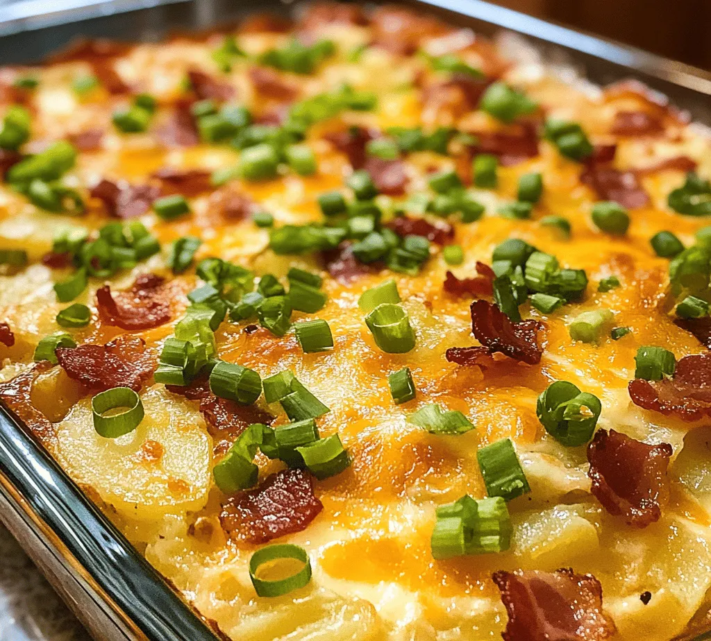 Breakfast is often touted as the most important meal of the day, and for good reason. Taking the time to enjoy a hearty breakfast can set a positive tone for the hours that follow. Among the various breakfast options, breakfast casseroles have surged in popularity due to their convenience and ability to serve multiple people at once. One standout recipe that embodies the essence of a satisfying breakfast is the <strong>Cheesy Bacon Potato Breakfast Casserole</strong>. This dish combines an irresistible medley of flavors and textures that are sure to delight everyone at the table.” /></p>
</p>
<h3>Preparing the Egg Mixture</h3>
</p>
<p>To create a perfectly blended egg mixture for your Cheesy Bacon Potato Breakfast Casserole, start by cracking the eggs into a large mixing bowl. For this recipe, you will need 8 large eggs, which provide the base of the casserole. Whisk the eggs vigorously until the yolks and whites are completely combined, achieving a uniform yellow color. This step is crucial because it ensures that the eggs cook evenly throughout the casserole.</p>
</p>
<p>Next, add in 1 cup of milk. Whole milk is recommended for a richer flavor, but feel free to use low-fat or non-dairy alternatives based on your dietary preferences. The milk adds creaminess and helps to keep the casserole moist. For an additional layer of taste, consider mixing in a teaspoon of Dijon mustard or a sprinkle of garlic powder. This will elevate the flavor profile without overpowering the dish.</p>
</p>
<p>Season the egg mixture generously with salt and pepper, about 1 teaspoon of salt and ½ teaspoon of pepper to start, adjusting to your taste. Whisk the ingredients together until you achieve a smooth consistency. If you want a bit of spice, you can also add a pinch of cayenne pepper or red pepper flakes to the blend. The goal is to create a well-balanced mixture that complements the richness of the bacon and cheese.</p>
</p>
<h3>Layering Ingredients</h3>
</p>
<p>Layering is key to achieving a well-distributed flavor in your casserole. Begin by greasing a 9×13-inch baking dish with cooking spray or butter to prevent sticking. Start with the potatoes, as they will form the base of the casserole. Spread the cooked and cooled diced potatoes evenly across the bottom of the dish, creating a solid foundation.</p>
</p>
<p>Next, sprinkle half of the cooked and crumbled bacon over the potatoes. This ensures that the bacon’s smoky flavor permeates the entire dish. Follow this with half of your shredded cheese—preferably a mix of sharp cheddar and Monterey Jack for a delightful contrast in flavor. Repeat the layering process by adding the remaining potatoes, bacon, and then top it off with the remaining cheese.</p>
</p>
<p>Once your layers are complete, gently pour the egg mixture over the entire casserole. Use a spatula to ensure that the egg mixture seeps through the layers, allowing for even cooking and flavor distribution. This step is essential as it binds the ingredients together, creating a cohesive dish.</p>
</p>
<h3>Baking Process</h3>
</p>
<p>When it comes to baking, the method will significantly impact the texture of your casserole. Preheat your oven to 350°F (175°C). Cover the casserole with aluminum foil for the first 30 minutes of baking. This will help the casserole cook evenly and prevent the top from browning too quickly. After 30 minutes, remove the foil to allow the top to crisp and become golden brown.</p>
</p>
<p>Bake the casserole for a total of 45 to 55 minutes, or until the eggs are set and a knife inserted into the center comes out clean. The edges should be slightly puffed and the top should be a lovely golden brown. If you find that the top is browning too much before the casserole is fully cooked, you can loosely tent it with foil again.</p>
</p>
<h3>Cooling and Garnishing</h3>
</p>
<p>After removing the casserole from the oven, it’s essential to let it cool for at least 10 to 15 minutes before serving. This resting period allows the casserole to set, making it easier to cut into squares without falling apart.</p>
</p>
<p>Once cooled, garnish the casserole with freshly chopped herbs, such as chives or parsley. This not only adds a pop of color but also enhances the overall flavor profile. Serving the casserole directly from the baking dish is perfectly acceptable, but if you want a more sophisticated presentation, consider transferring it to a serving platter.</p>
</p>
<h3>Nutritional Analysis</h3>
</p>
<p>When evaluating the nutritional benefits of your Cheesy Bacon Potato Breakfast Casserole, several key ingredients come into play. Potatoes are a great source of carbohydrates and provide essential vitamins like Vitamin C and B6. Eggs are packed with protein and healthy fats, making them a nutritious addition to your breakfast.</p>
</p>
<p>In terms of calories, a standard serving of this casserole (approximately 1/8 of the dish) contains around 350-400 calories. The macronutrient breakdown typically includes about 20 grams of protein, 25 grams of fat, and 30 grams of carbohydrates, depending on the specific ingredients used.</p>
</p>
<p>For those looking to make healthier substitutions, consider using turkey bacon instead of regular bacon to reduce fat content. You can also opt for low-fat cheese or a combination of cottage cheese and regular cheese to cut down on calories while still enjoying that cheesy goodness.</p>
</p>
<h3>Serving Suggestions</h3>
</p>
<p>This Cheesy Bacon Potato Breakfast Casserole is versatile and can be served in various ways. For a complete meal, consider pairing it with fresh fruit like diced melons or berries for a refreshing contrast. Yogurt, either plain or flavored, can also complement the richness of the casserole.</p>
</p>
<p>Beverage options that pair well with this dish include freshly brewed coffee, which adds a warm robustness, or a bright juice like orange or apple, which can provide a refreshing balance to the savory flavors of the casserole.</p>
</p>
<p>When serving for brunch gatherings or family meals, consider presenting the casserole on a large platter garnished with fresh herbs, alongside a salad for a delightful contrast. Adding a side of toast or muffins can also round out the meal nicely.</p>
</p>
<h3>Storage and Reheating Instructions</h3>
</p>
<p>If you find yourself with leftovers—though that might be a rarity—proper storage is crucial for maintaining the casserole’s flavor and texture. Allow the casserole to cool completely before transferring it to airtight containers. Glass or plastic containers with lids work well for this purpose.</p>
</p>
<p>In the refrigerator, the casserole will keep well for up to 3-4 days. If you want to store it for longer, consider freezing individual portions. Make sure to wrap them tightly in plastic wrap and then place them in a freezer-safe container. When properly stored, the casserole can last up to three months in the freezer.</p>
</p>
<p>When it comes time to reheat, the oven is your best bet to maintain the casserole’s original texture. Preheat the oven to 350°F (175°C), cover the dish with foil, and heat for about 20-30 minutes or until warmed through. If you’re short on time, the microwave is a quicker option but may result in a slightly softer texture. Heat individual portions on medium power in 30-second increments until heated through.</p>
</p>
<h3>Conclusion</h3>
</p>
<p>The Cheesy Bacon Potato Breakfast Casserole is a delightful and easy-to-make dish that brings together the comforting flavors of breakfast in one satisfying meal. Whether you’re preparing it for a family breakfast, a brunch gathering, or simply as a hearty meal prep option, this casserole is sure to please.</p>
</p>
<p>Don’t hesitate to experiment with variations—swap in different vegetables, cheeses, or proteins to make it your own. Cooking is about sharing joy and creating memories with loved ones, and this casserole is perfect for doing just that. So gather your ingredients, follow the steps, and enjoy the delightful experience of cooking and sharing delicious food with those you cherish.</p>
<div id=