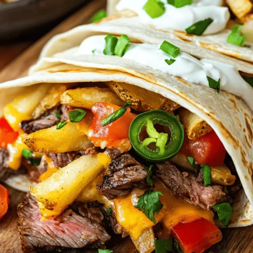 Steak & Cheese Dirty Fry Burritos are an exciting fusion of flavors and textures that elevate the traditional burrito into a hearty, indulgent meal. Imagine biting into a warm tortilla that encases tender steak, gooey melted cheese, and crispy French fries—all mingling together to create a savory explosion in your mouth. This dish is not just a feast for the taste buds; it's also a comfort food that appeals to many, making it perfect for any occasion, whether it’s a casual weeknight dinner or a lively weekend gathering.