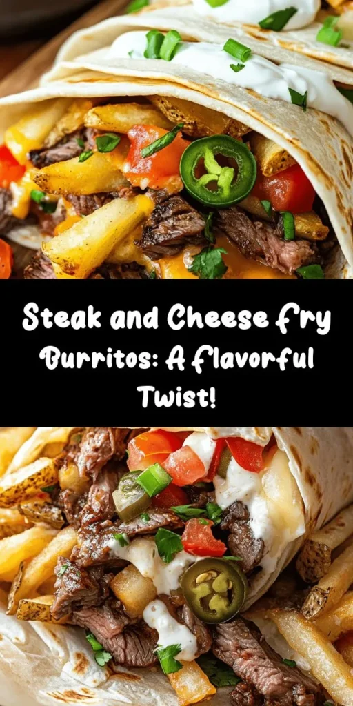 If you're looking for a delicious twist on classic comfort food, try these Steak & Cheese Dirty Fry Burritos! Packed with juicy marinated flank steak, crispy French fries, and melting cheeses, these burritos are a flavor explosion in every bite. Top with fresh tomatoes, green onions, and optional pickled jalapeños for an extra kick. Perfect for a hearty dinner or a fun weekend treat. Serve with sour cream for dipping and enjoy the ultimate burrito experience!