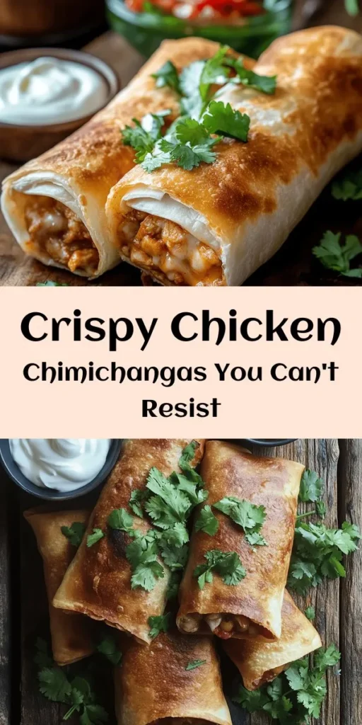 Get ready to indulge in these Crispy Chicken Chimichangas! Packed with savory shredded chicken, creamy refried beans, and melted cheddar, these golden delights are seasoned to perfection with chili powder and cumin. Fry them until crispy and serve with fresh salsa and sour cream for a delicious meal. Perfect for a quick dinner or a fun gathering, this recipe is sure to impress your family and friends. Try making them today!