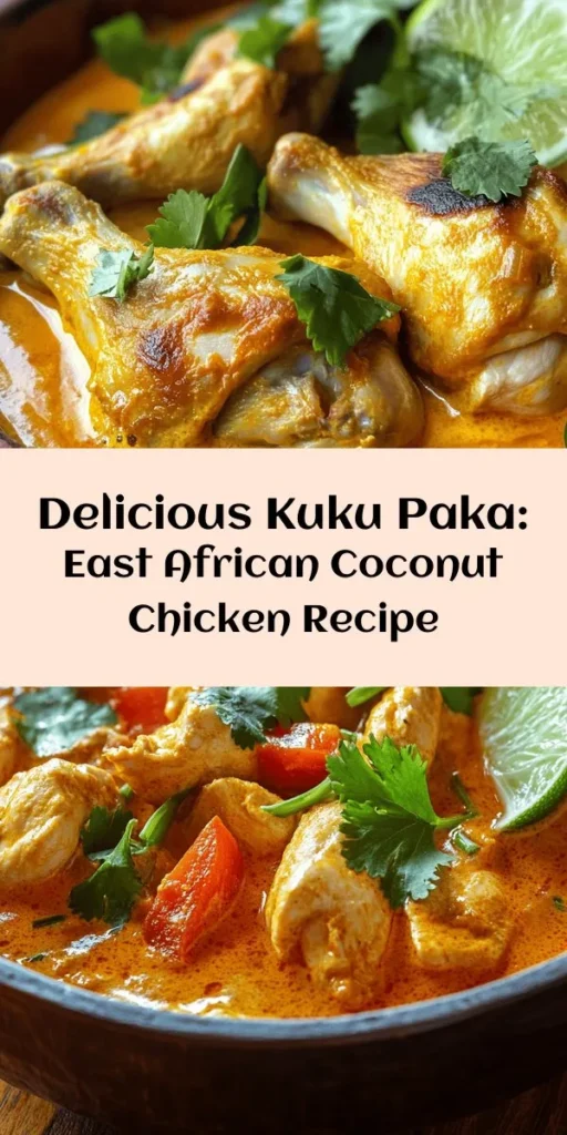 Discover the rich flavors of East Africa with this savory Kuku Paka recipe! This delightful chicken dish features juicy marinated pieces simmered in a creamy coconut milk sauce, infused with spices like turmeric, cumin, and fresh ginger. Perfect for a family meal, it's easy to prepare and best served with rice, ugali, or chapati to soak up all the deliciousness. Garnish with cilantro and a splash of lime for a refreshing touch. Enjoy this exotic culinary experience!
