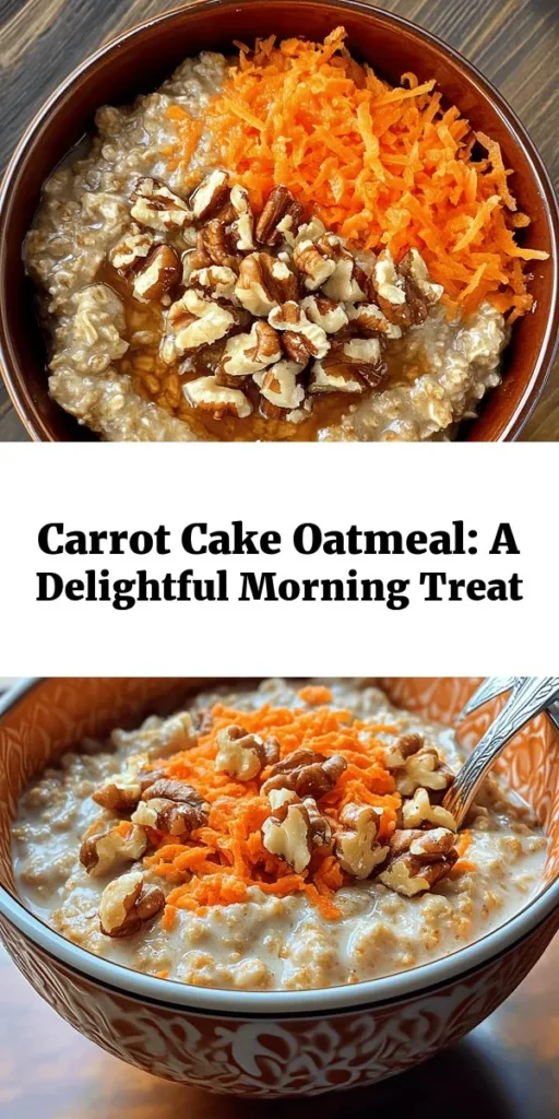 Start your day with a warm bowl of Carrot Cake Oatmeal Delight! This quick and healthy recipe combines rolled oats, grated carrots, and bananas for a deliciously sweet breakfast. Enhanced with spices like cinnamon and nutmeg, it's a comforting twist on traditional oatmeal. Top it off with walnuts, raisins, or a drizzle of cream cheese for that extra indulgence. Perfect for busy mornings, this dish is nourishing and satisfying!