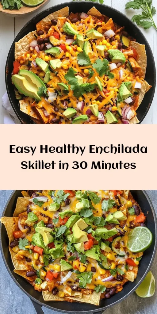 Discover a delicious twist on a classic with this Healthy Enchilada Skillet! Packed with nutritious ingredients like black beans, corn, and zucchini, it's a comforting dish that comes together in just 30 minutes. Sauté vibrant veggies, toss in tortilla strips, and top with melted cheese for a satisfying meal everyone will love. Finish it off with fresh avocado and cilantro, and serve with lime wedges for a burst of flavor. Perfect for a quick weeknight dinner!