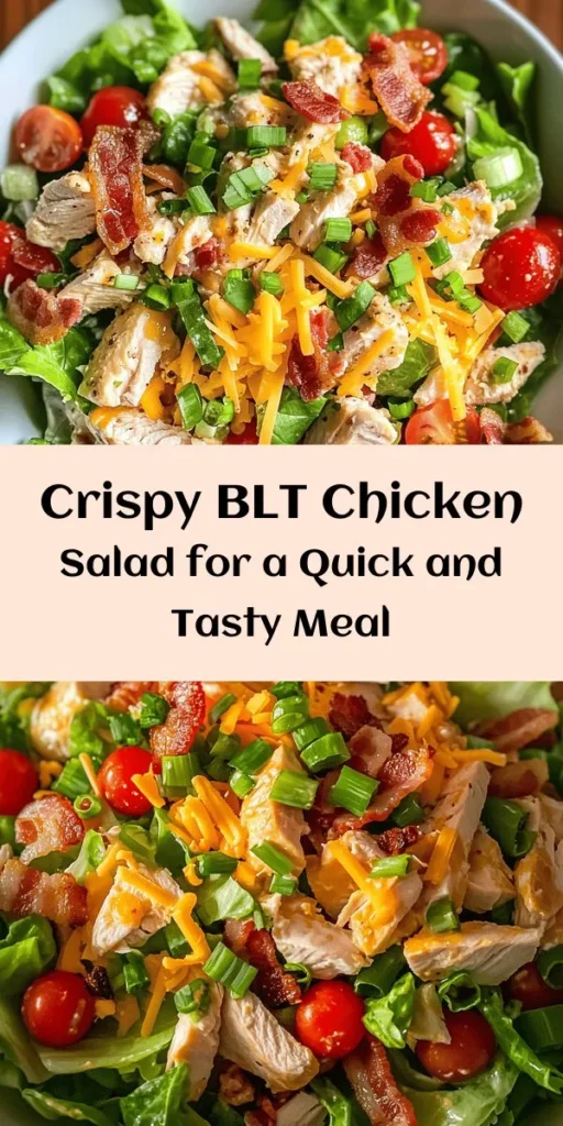 Elevate your salad game with this Savory BLT Chicken Salad! Packed with juicy chicken, crispy bacon, and fresh veggies, this dish is a perfect combo of flavors. Toss everything together with a creamy dressing made from mayonnaise, Greek yogurt, and a hint of Dijon. Enjoy it on its own or in a wrap for a delightful meal that comes together in just 15 minutes. Perfect for quick lunches or light dinners! Give it a try!