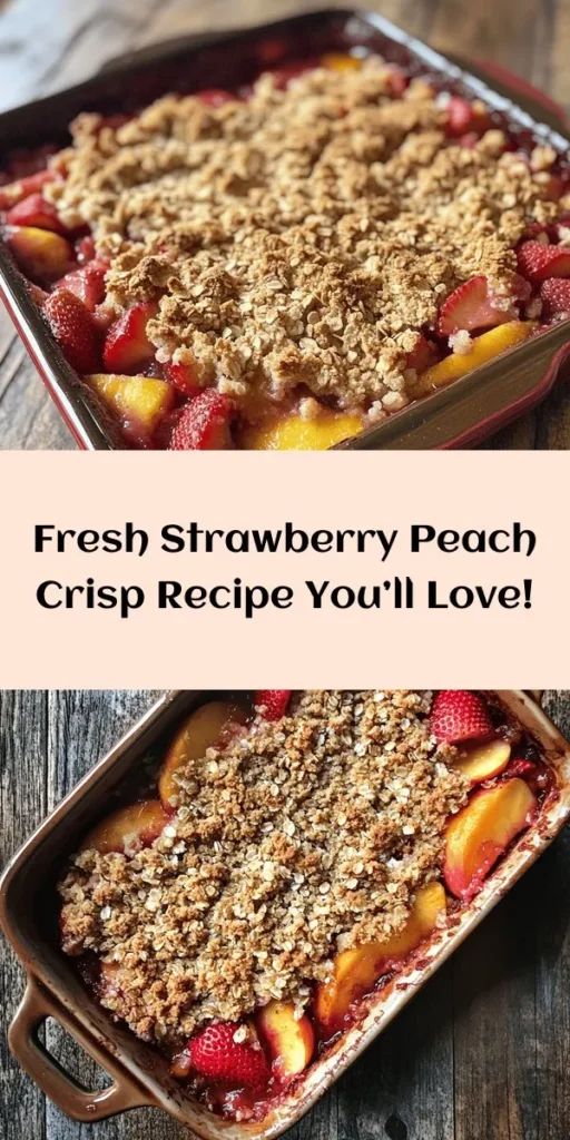 Treat yourself to a delicious Strawberry Peach Crisp that bursts with flavor! This easy recipe combines fresh strawberries and peaches, sweetened and topped with a crunchy oat mixture. With simple ingredients like butter, brown sugar, and a hint of cinnamon, it's the perfect dessert for any occasion. Bake it until golden and bubbly, and serve it warm for a comforting treat. Don't forget the scoop of vanilla ice cream on top! Enjoy this delightful summer dessert.