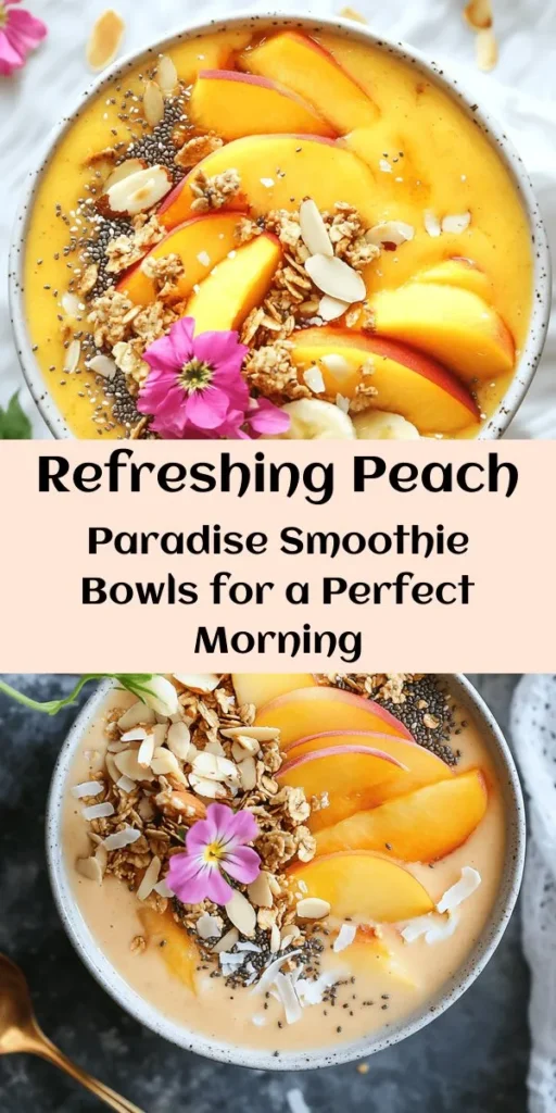 Indulge in the refreshing flavors of summer with this Peach Paradise Smoothie Bowl! Made with ripe peaches, frozen banana, and creamy Greek yogurt, it's the perfect blend for a nutritious breakfast or snack. Customize your bowl with crunchy granola, sliced almonds, and a sprinkle of chia seeds. Drizzle with honey or maple syrup for sweetness and top it off with fresh peach slices and coconut for a tropical twist. Ready in just 10 minutes, this bowl is a delicious treat you won't want to miss!